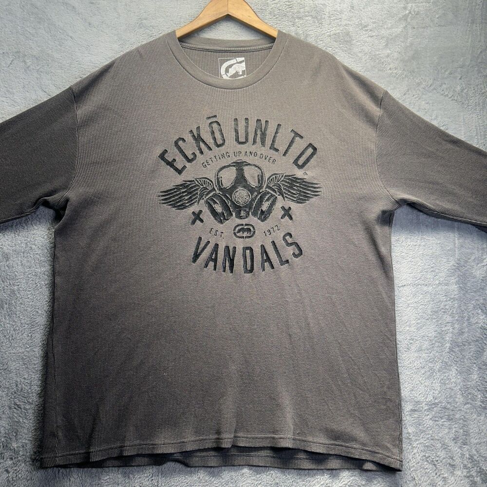 Ecko Unltd Shirt Mens 2XL Gray Long Sleeve Thermal Waffle Vandals Graphic Grunge